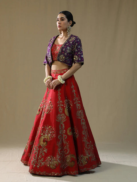 Red Brushstroke Lehenga Set