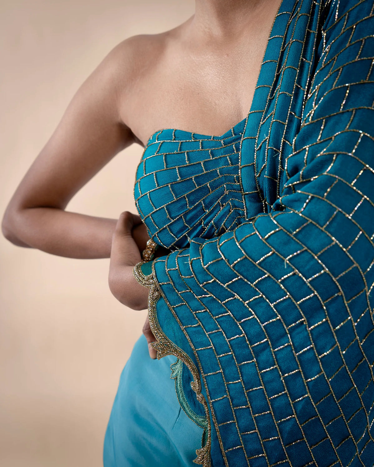 Teal Green Hand Embroidered Top and Skirt