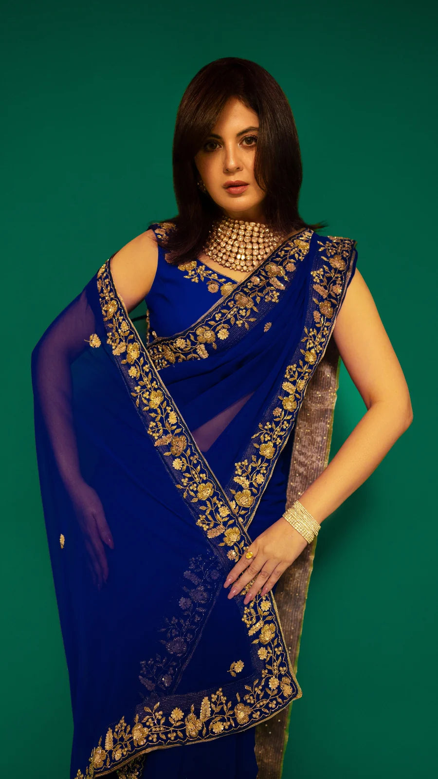Navy Blue Hand Embroidered Saree Organza And Matching Floral Embroidered Blouse
