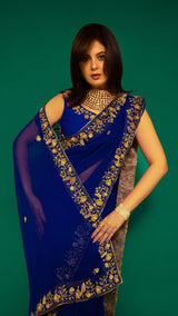 Navy Blue Hand Embroidered Saree Organza And Matching Floral Embroidered Blouse