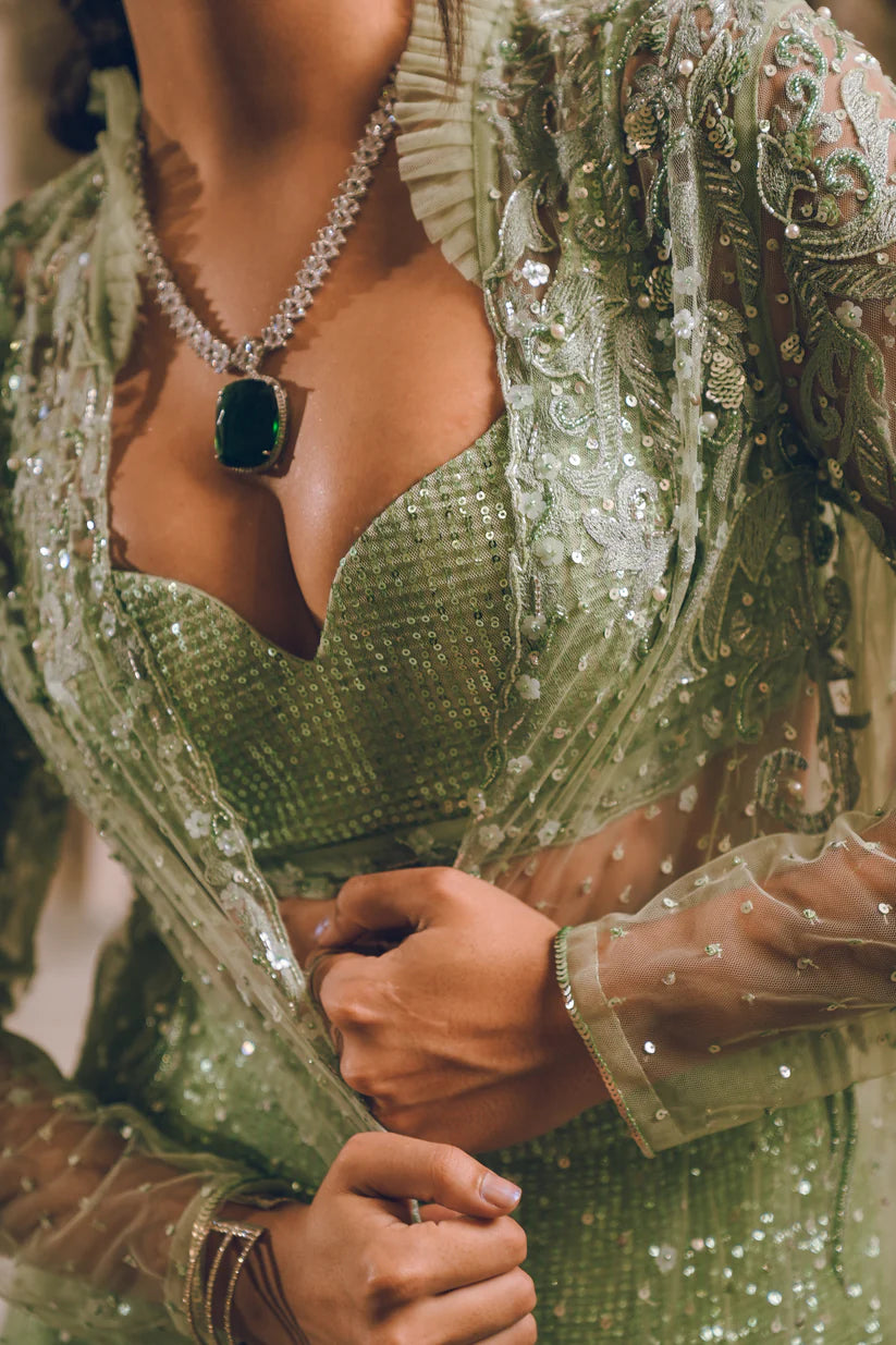 Pista Green Sequins Feather Embroidered Shrug Set