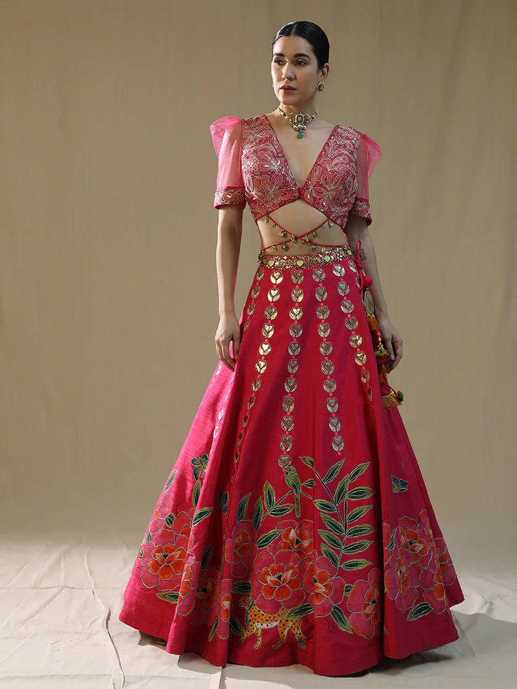 Pink Leopard Handpainted Lehenga Set