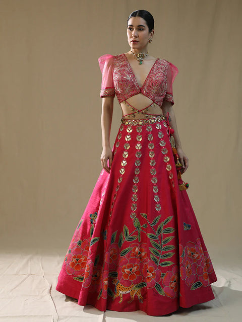 Pink Leopard Handpainted Lehenga Set