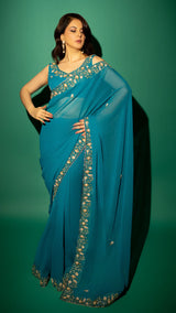 Peacock Blue  Hand Embroidered Saree Organza And Matching Floral Embroidered Blouse
