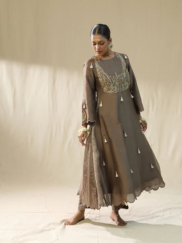 Mocha Ambi A Line Suit Set,Dori Zardozi Resham