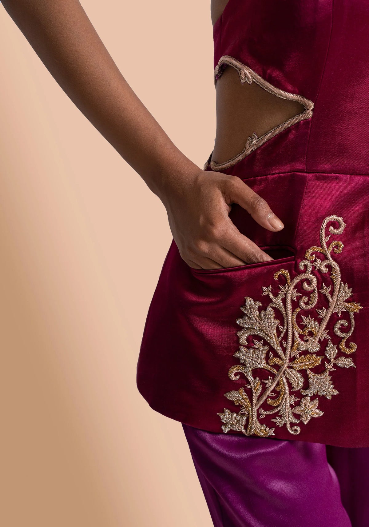 Maroon Hand Embroidered Blazer With Violet Pants