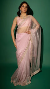 Baby Pink Hand Embroidered Saree Organza And Matching Floral Embroidered Blouse