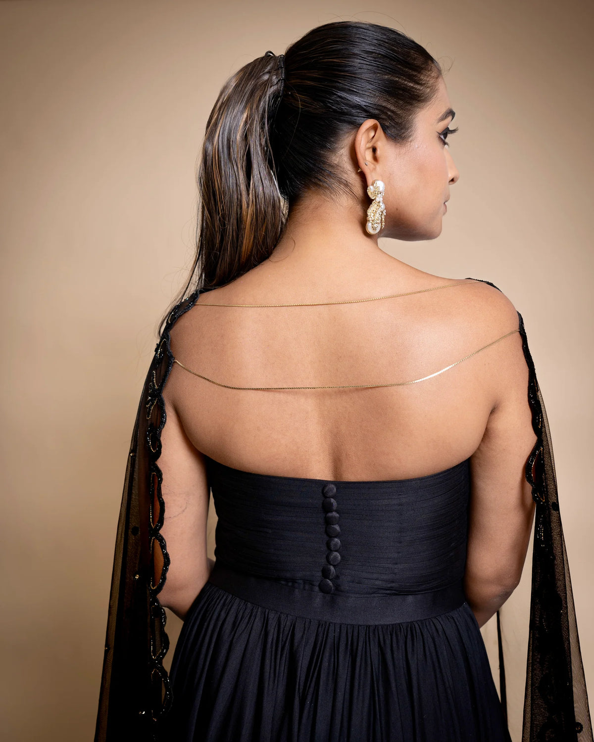 Black Hand Embroidered Satin Anarkali With Net Dupatta