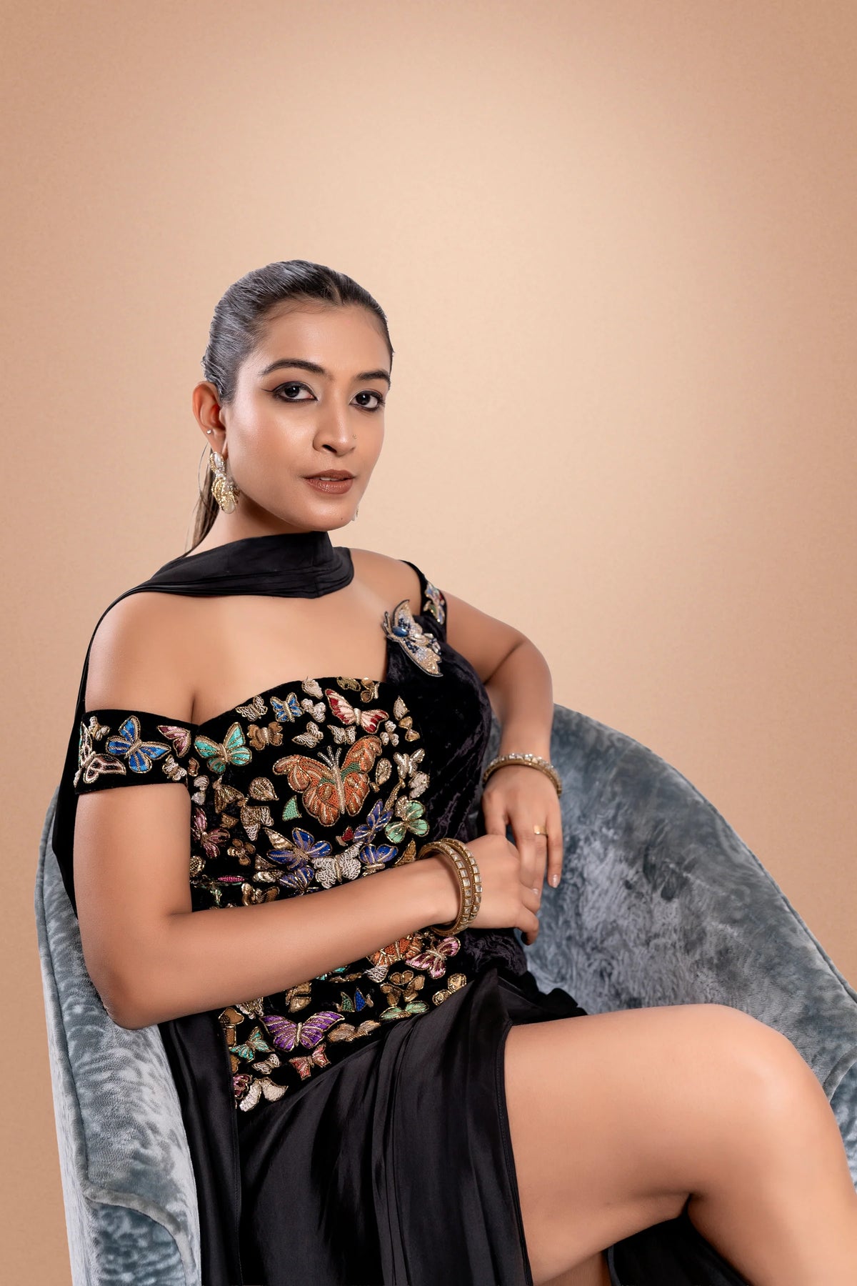 Black Hand Embroidered Corset Top With Skirt And Dupatta