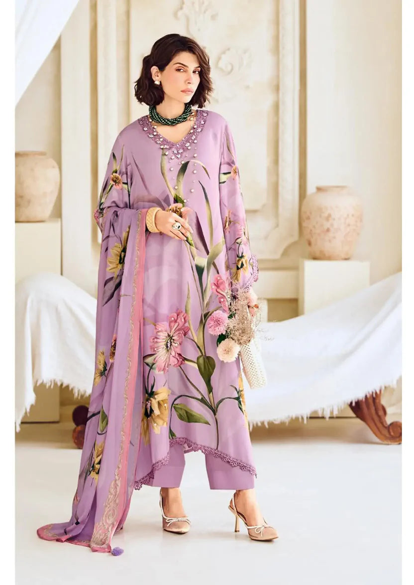 Modal Satin Suit Digitally Printed With Handwork & Embroidered Neckline