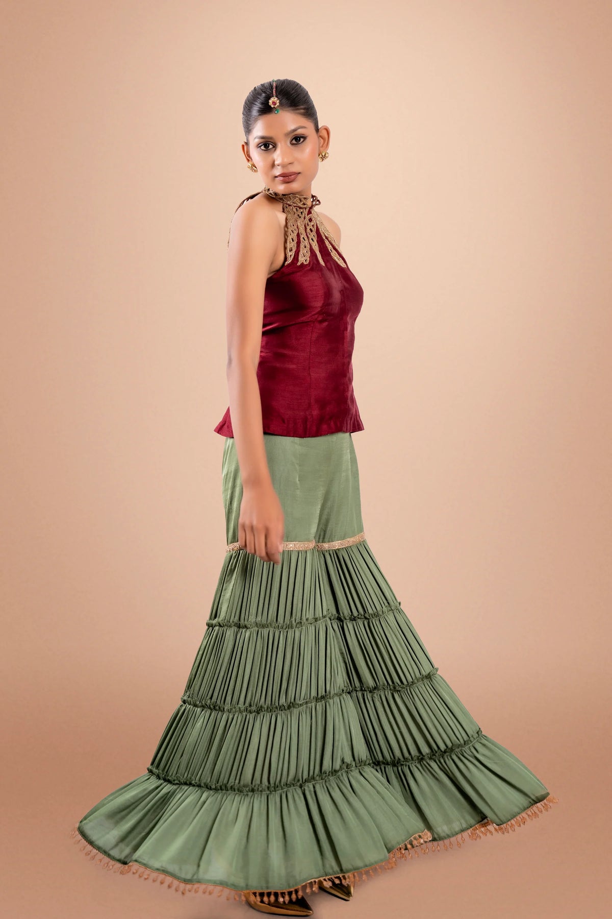 Maroon and Green Hand Embroidered Shara Set