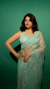 Sky Blue Hand Embroidered Saree Organza And Matching Floral Embroidered Blouse