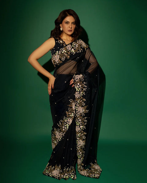 Dark Blue Silk Organza Zardozi Sequins Saree With Bead Handwork And Matching Floral Blouse