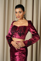 Maroon Hand Embroidered Velvet Blouse With Pants