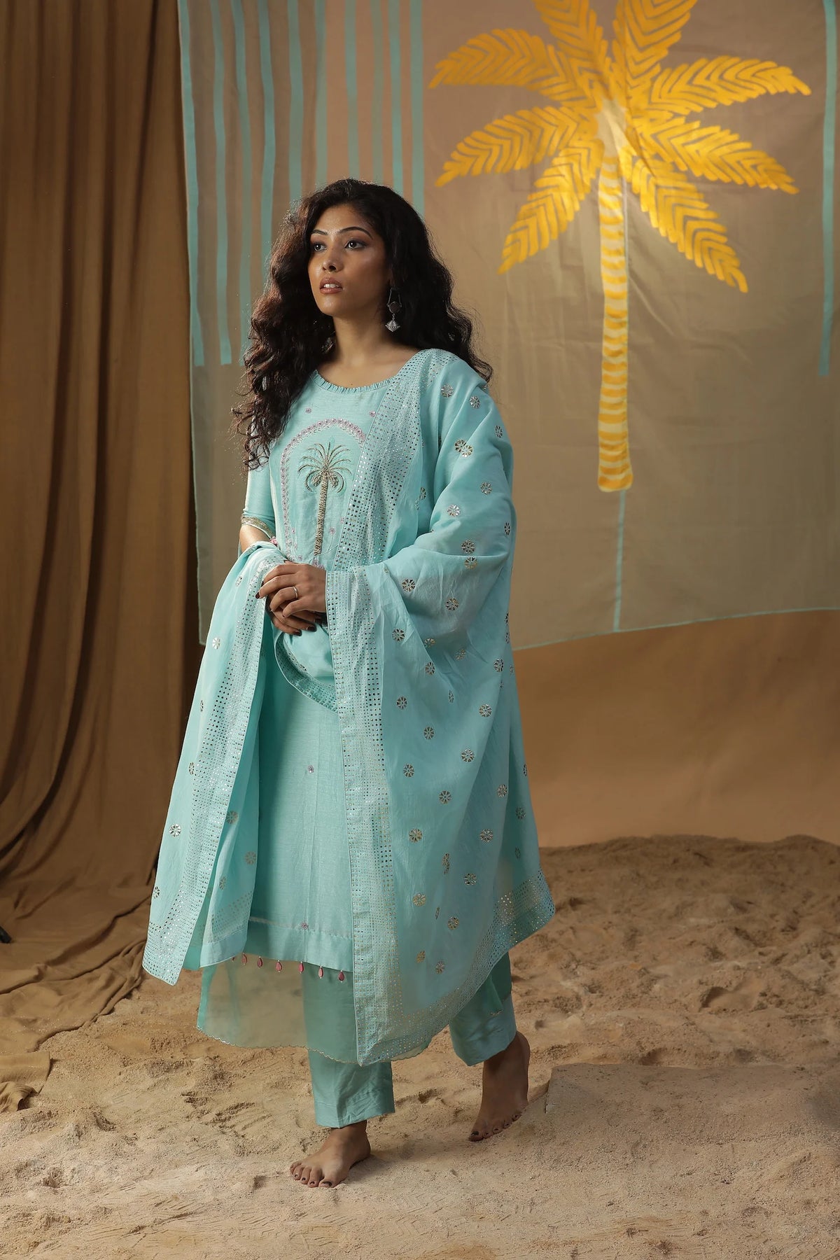 Sky Blue Centre Plam Tree Suit Set