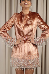 Light Brown Pearl Hand Embroidered Velvet Short Dress