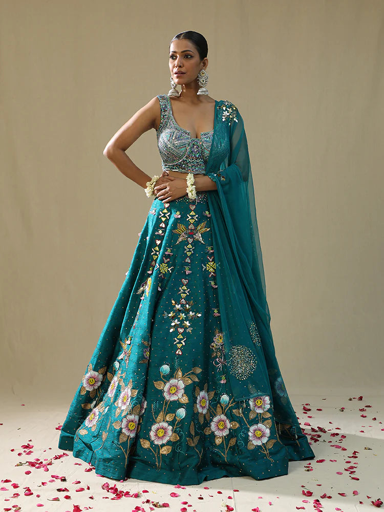 Teal Green Handpainted Lehenga Set