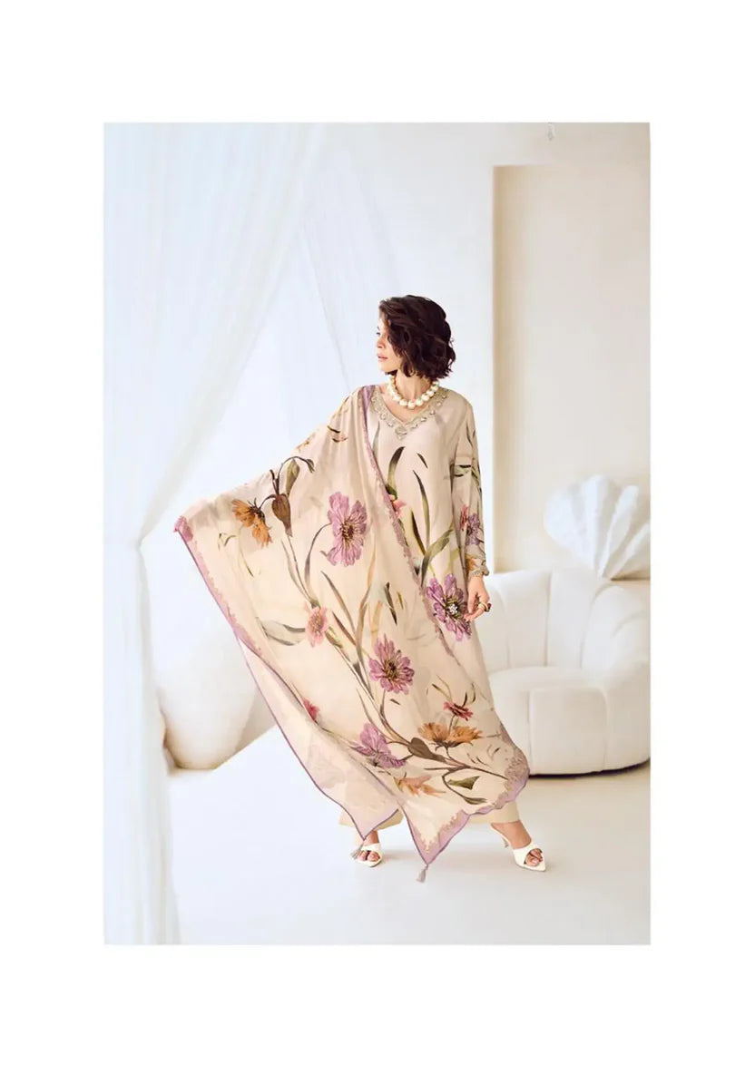 Modal Satin Suit Digitally Printed With Handwork & Embroidered Neckline