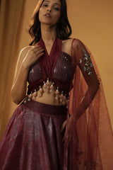 Mehroon Organza Lehenga Set