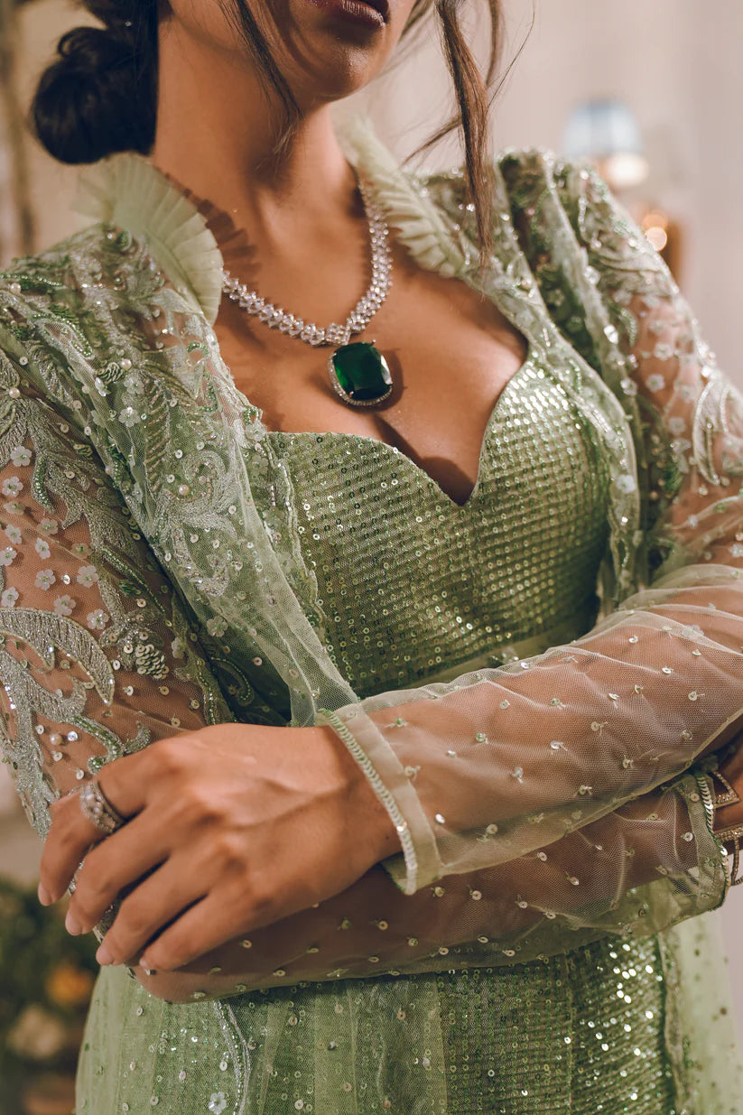 Pista Green Sequins Feather Embroidered Shrug Set