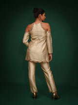 Green Hand Embroidred Cut-Shoulder Co-Ord Set