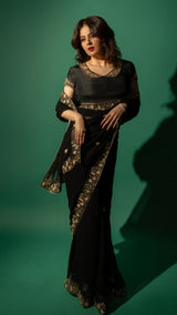 Black Hand Embroidered Saree Organza And Matching Floral Embroidered Blouse