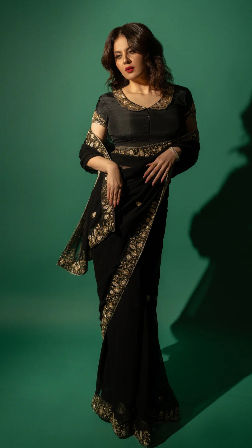 Black Hand Embroidered Saree Organza And Matching Floral Embroidered Blouse