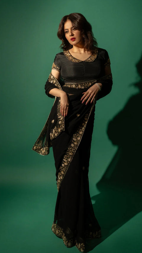 Black Hand Embroidered Saree Organza And Matching Floral Embroidered Blouse -Set of 2