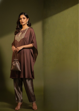 Brown Pitta Work & Zardozi Silk Kaftan Set