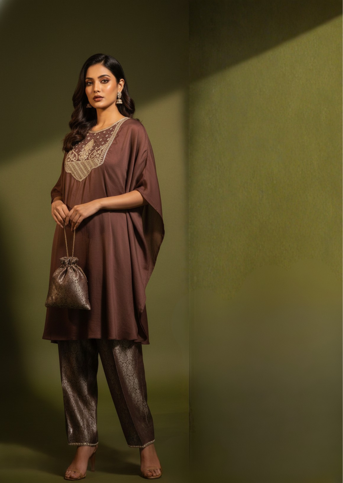 Brown Pitta Work & Zardozi Silk Kaftan Set