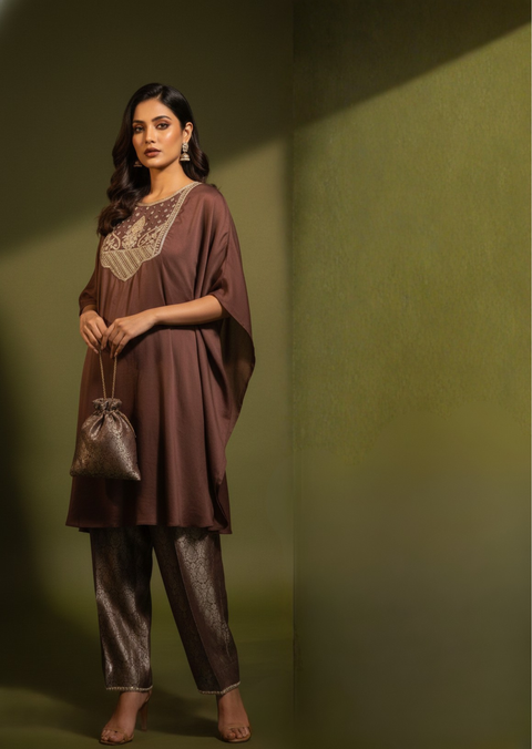 Brown Pitta Work & Zardozi Silk Kaftan Set