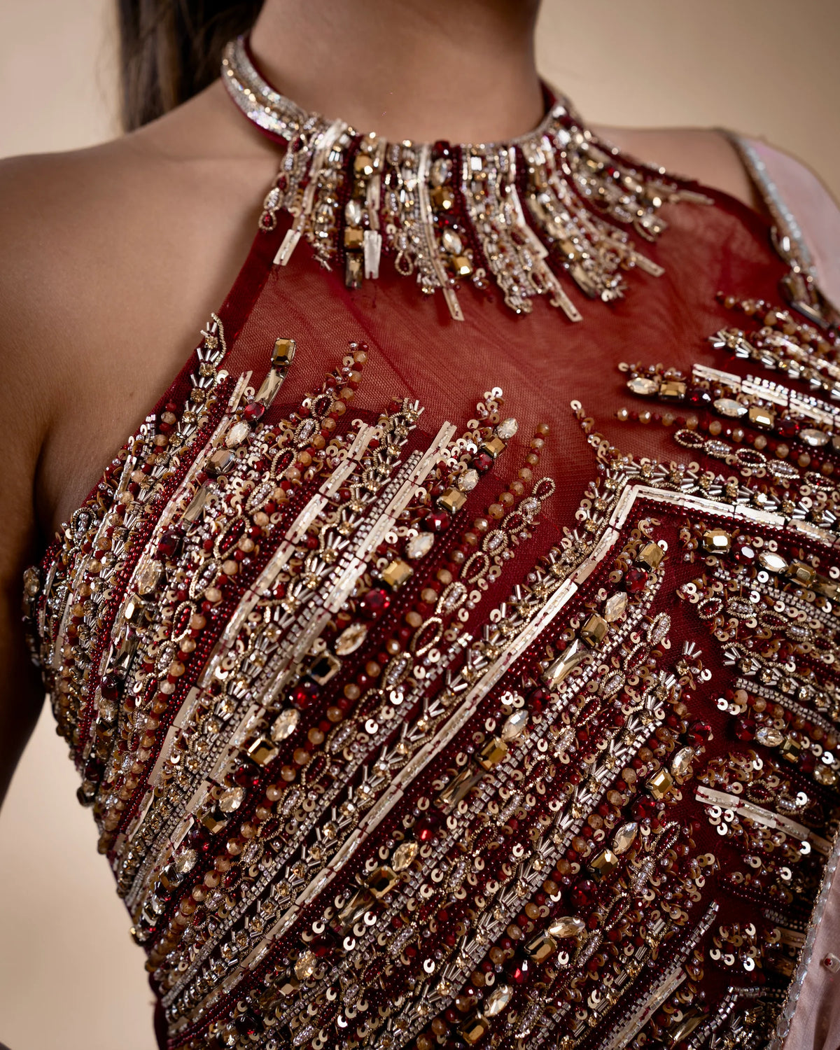 Pink And Maroon Organza Saree With Hand Embroidered Blouse