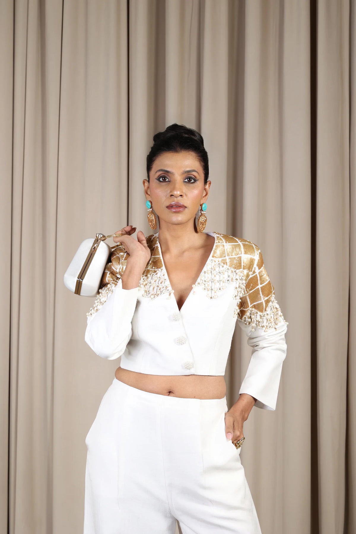 White Hand Enbroidered Dupion Silk Blazer And Pants