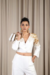 White Hand Enbroidered Dupion Silk Blazer And Pants