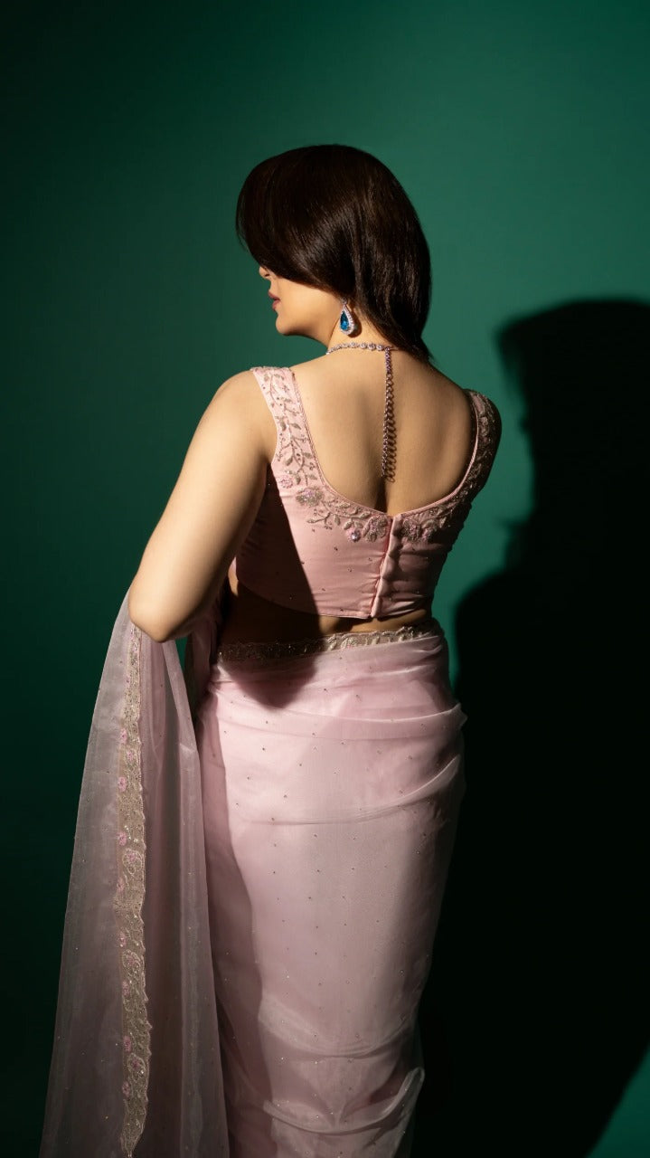 Baby Pink Hand Embroidered Saree Organza And Matching Floral Embroidered Blouse