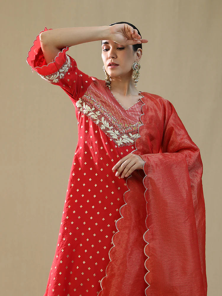Red Self Chanderi Suit Set