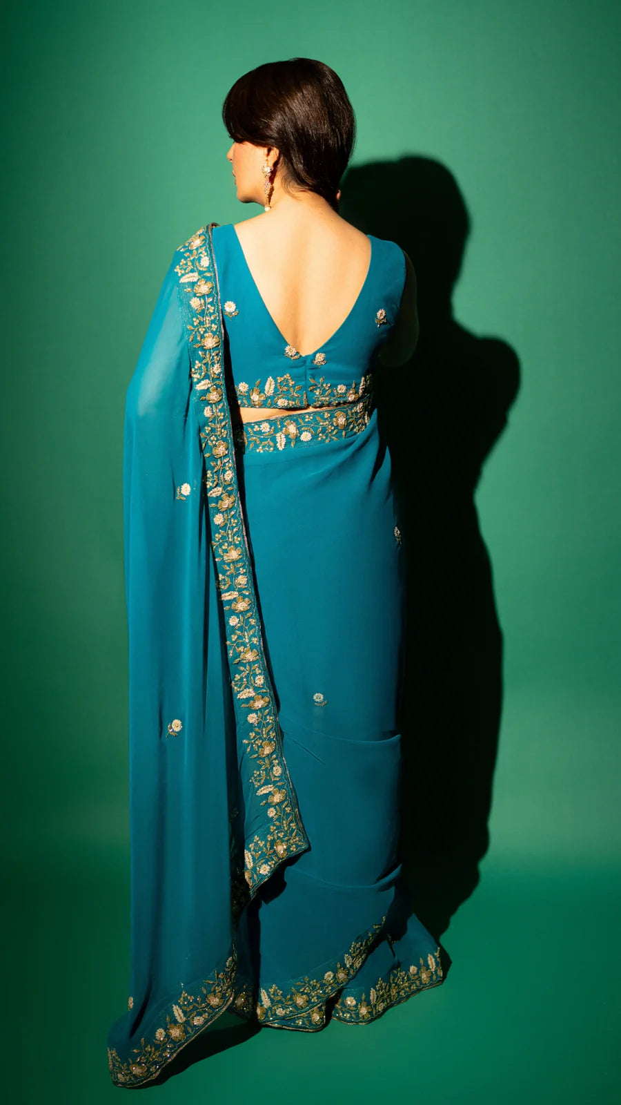 Peacock Blue  Hand Embroidered Saree Organza And Matching Floral Embroidered Blouse