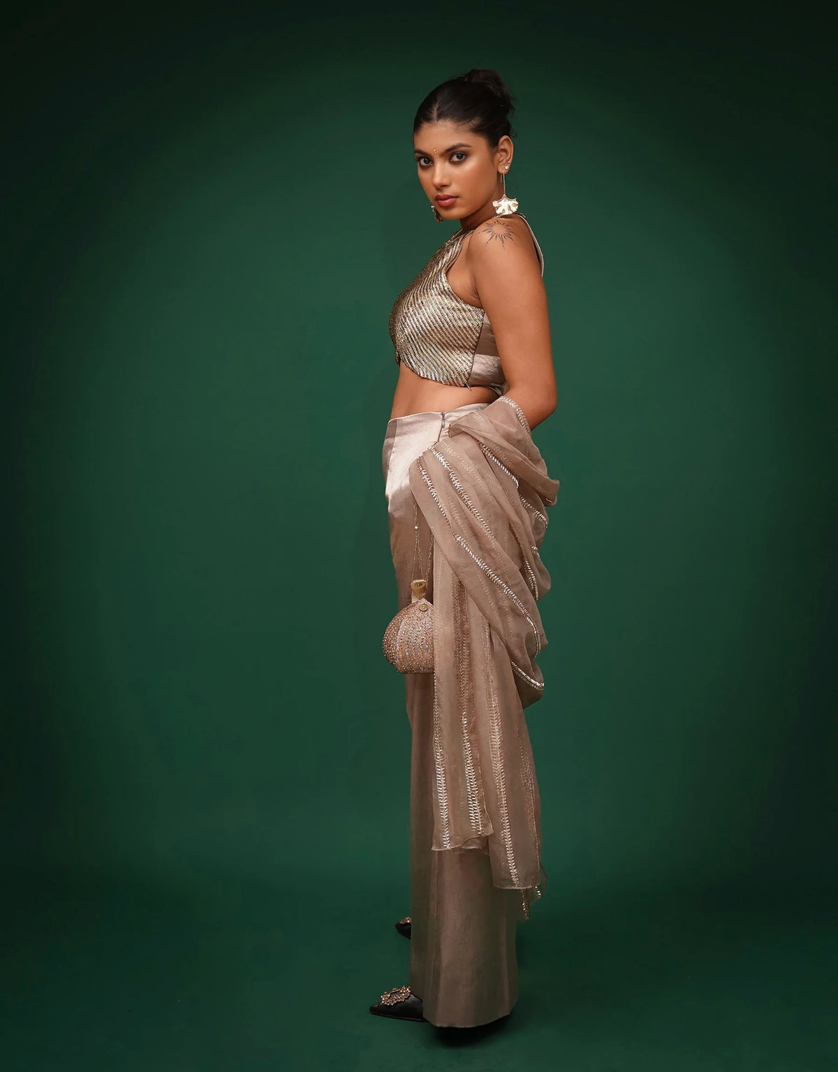 Bronze Hand Embroidered Satin Top and Pants