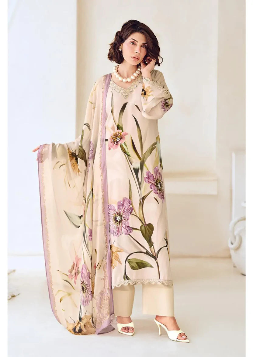 Modal Satin Suit Digitally Printed With Handwork & Embroidered Neckline