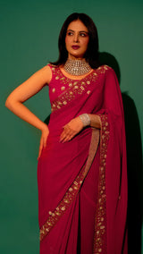 Pink Hand Embroidered Saree Organza And Matching Floral Embroidered Blouse
