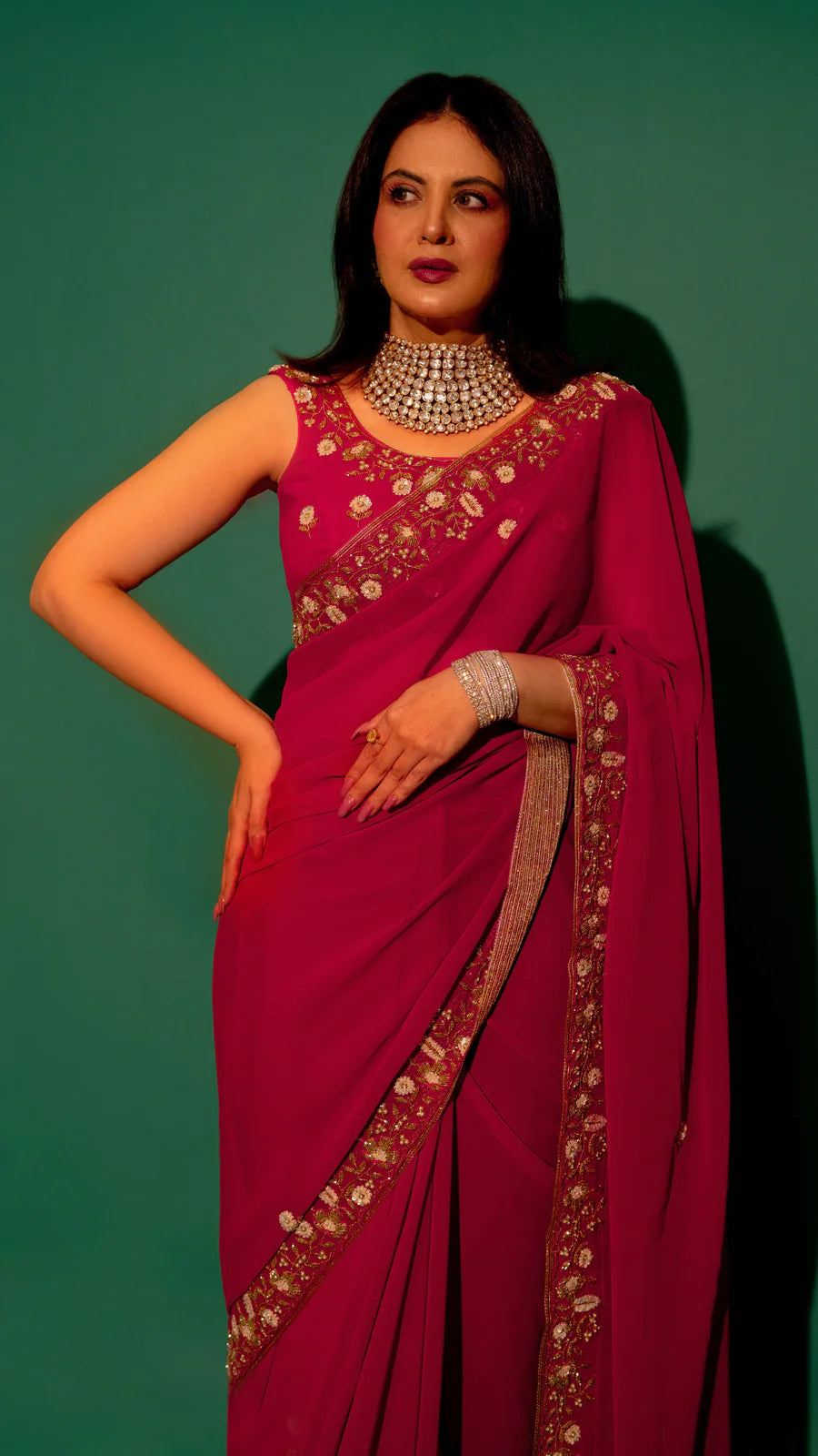 Pink Hand Embroidered Saree Organza And Matching Floral Embroidered Blouse