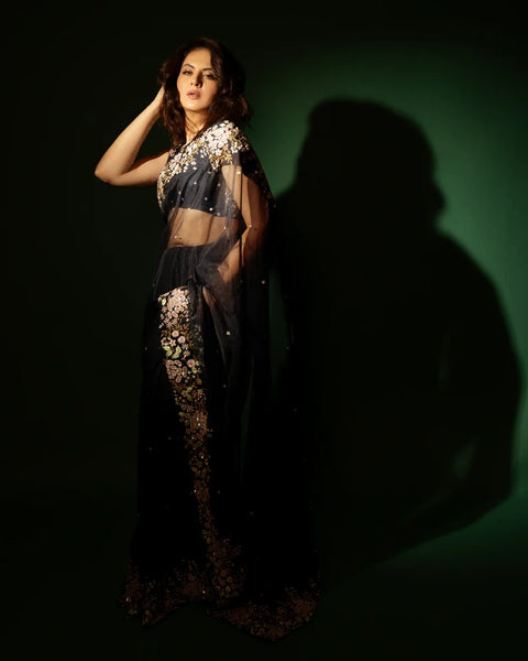 Dark Blue Silk Organza Zardozi Sequins Saree With Bead Handwork And Matching Floral Blouse