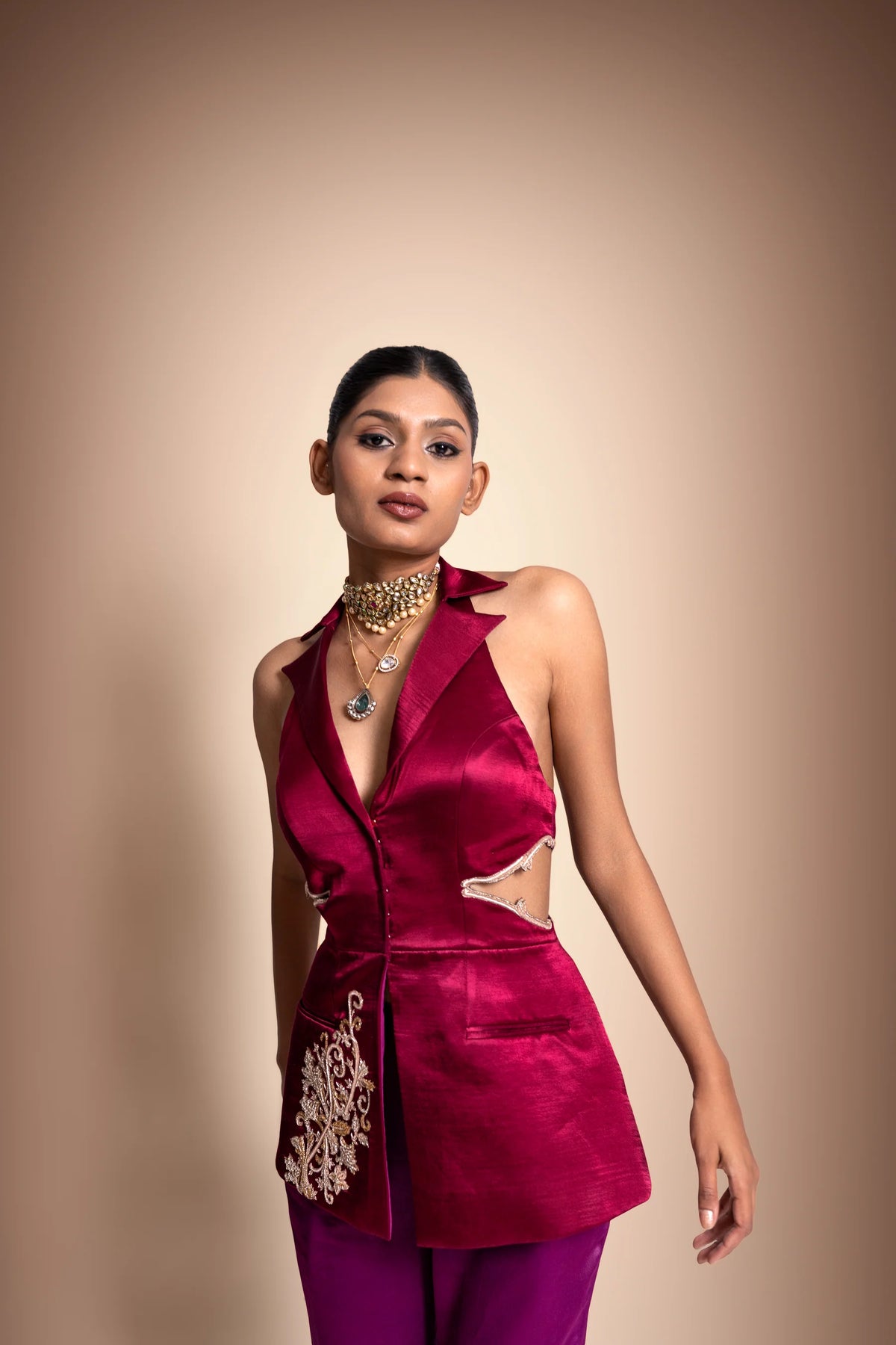 Maroon Hand Embroidered Blazer With Violet Pants