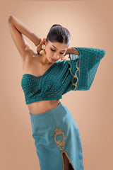Teal Green Hand Embroidered Top and Skirt