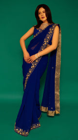 Navy Blue Hand Embroidered Saree Organza And Matching Floral Embroidered Blouse