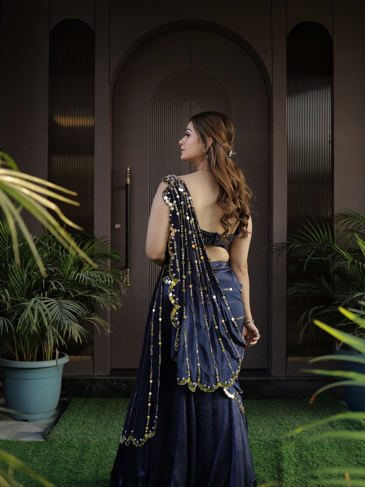 Butterfly Embroidery Blouse With Drape Saree