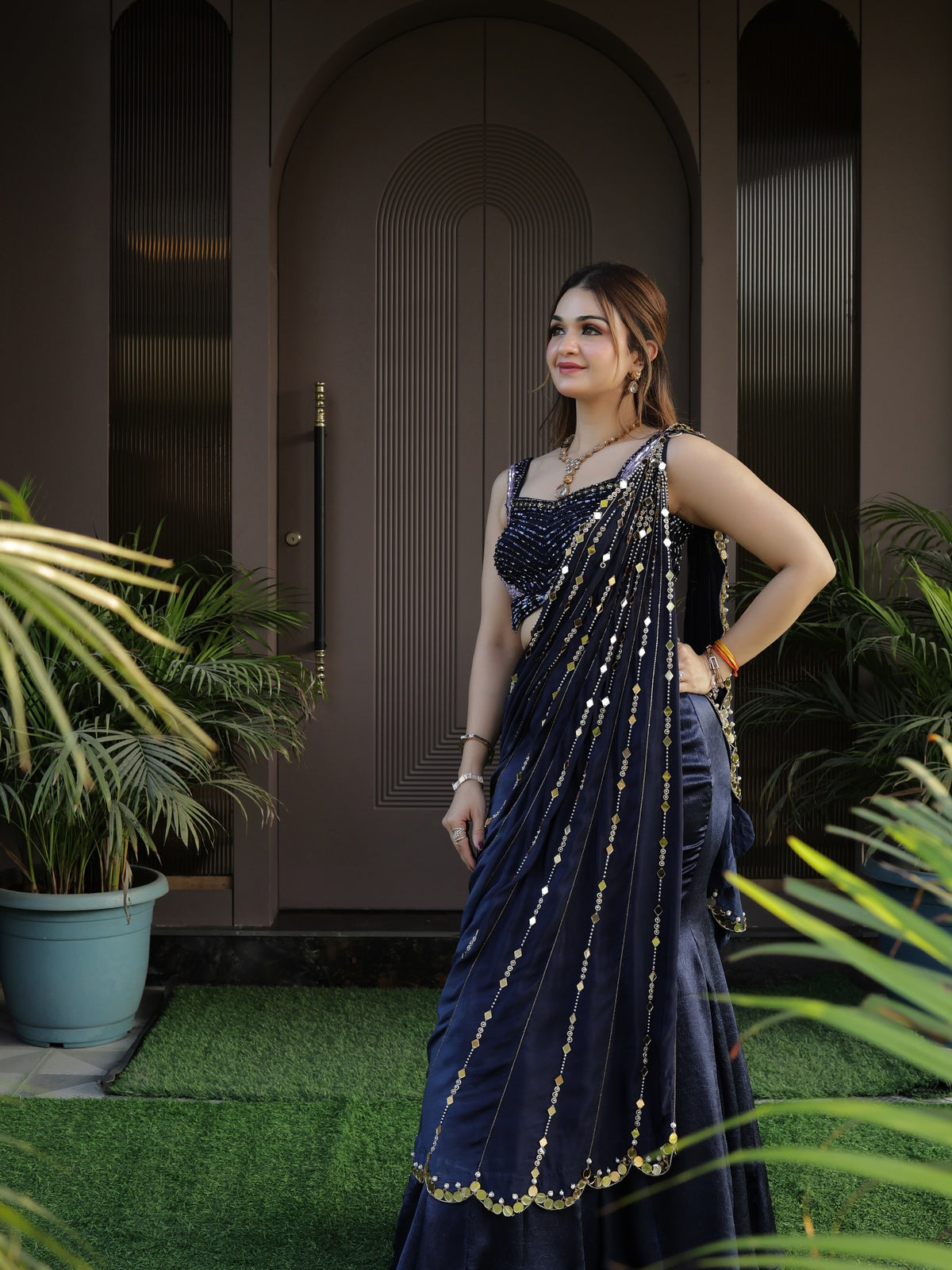 Butterfly Embroidery Blouse With Drape Saree
