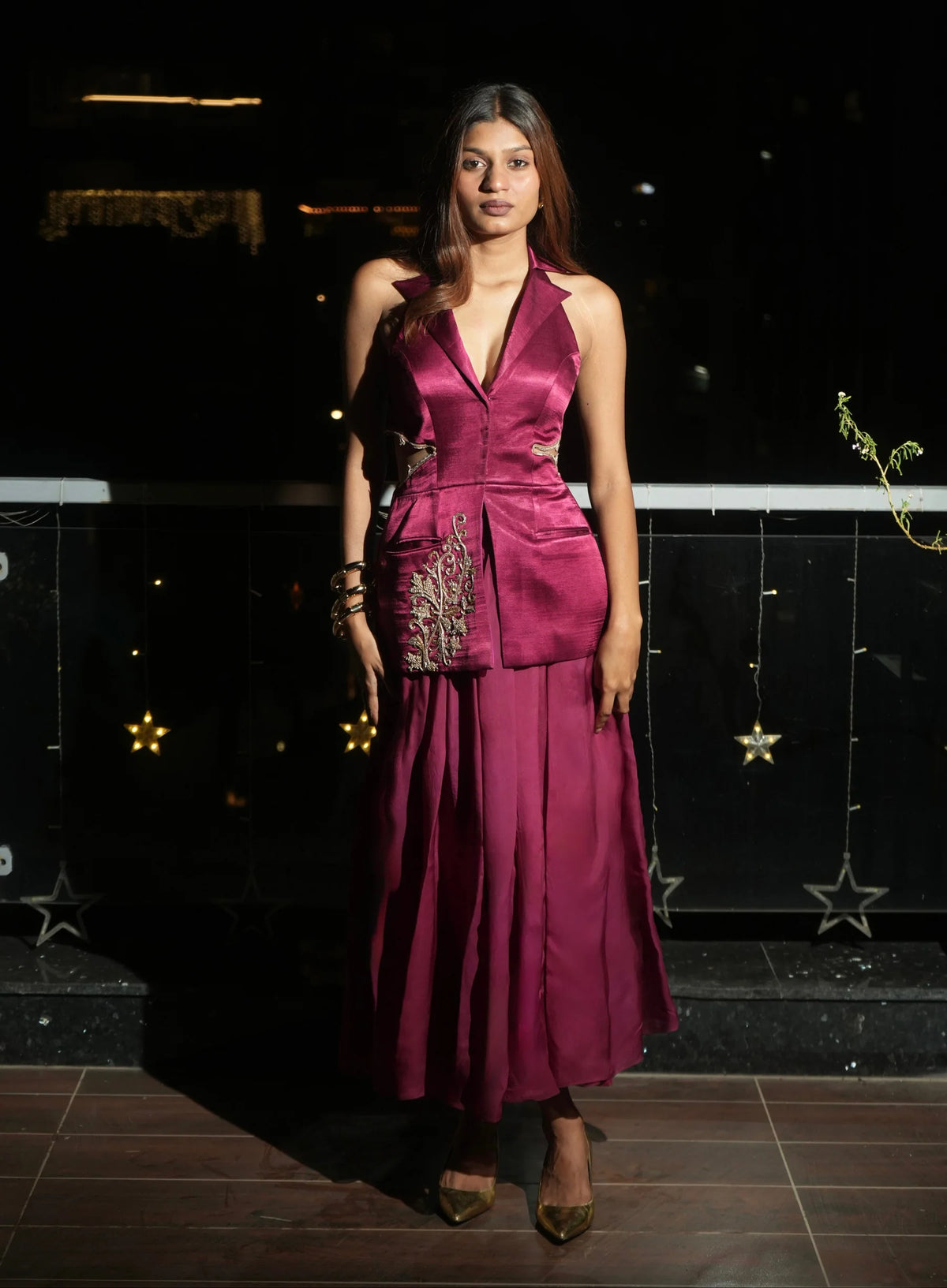 Maroon Hand Embroidered Blazer With Skirt Set
