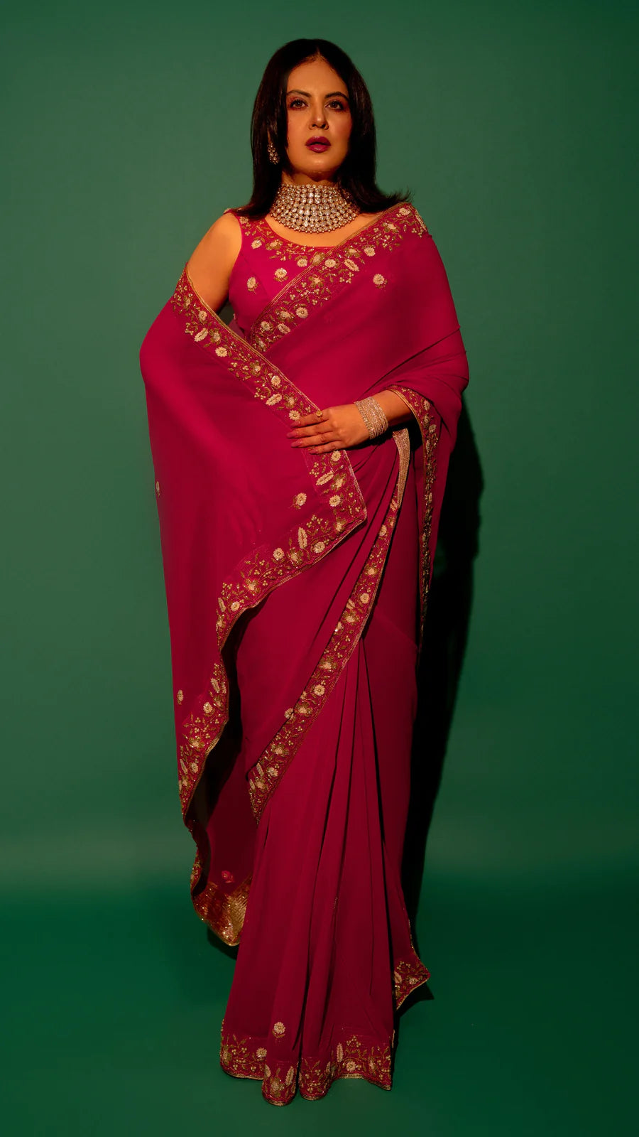 Pink Hand Embroidered Saree Organza And Matching Floral Embroidered Blouse