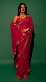 Pink Hand Embroidered Saree Organza And Matching Floral Embroidered Blouse